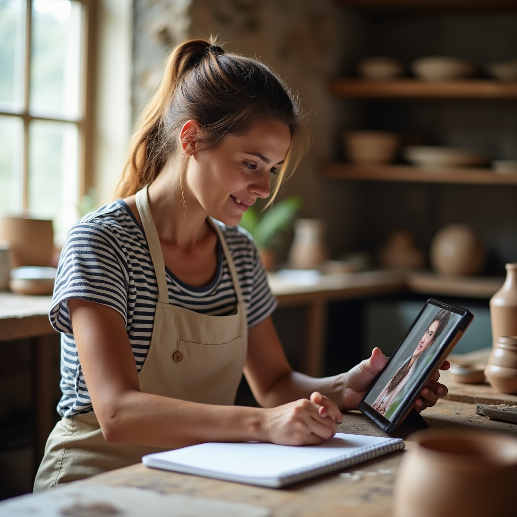 Artigiana che segue un corso online su laptop mentre lavora nel suo laboratorio