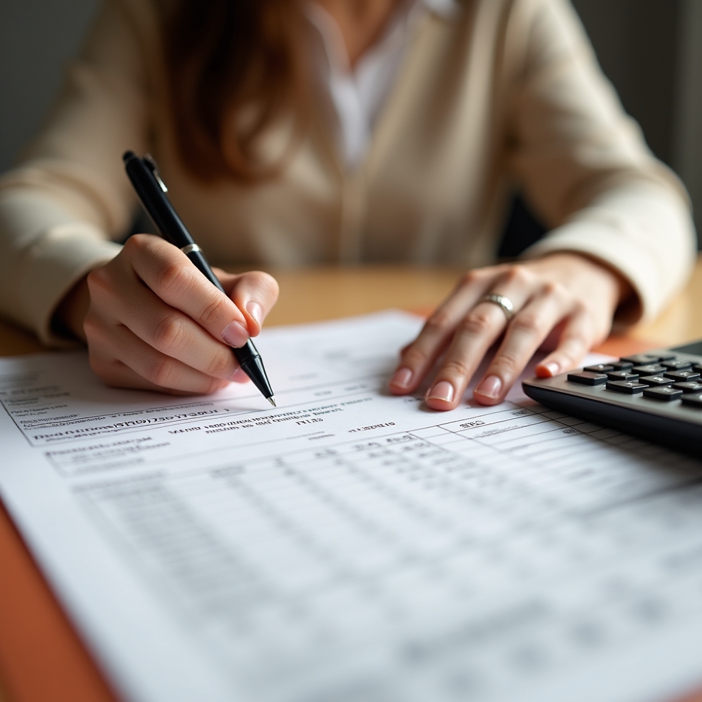 Professionista che prepara un'offerta economica per un bando pubblico con calcolatrice e fogli di calcolo